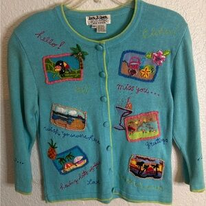 Jack B. Quick Embroidered Travel/Hawaii Cardigan – PS Petite Small – Turquoise